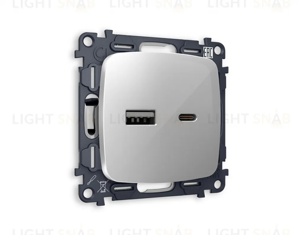 Розетка USB двойная для зарядки тип А+С 3000мА Ambrella Volt Omega серебро глянец VM177+OP4110 VM177 + OP4110