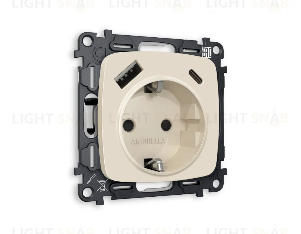 Розетка с заземлением и USB (A+C) Ambrella Volt Omega 16A/250В, винтовой зажим, бежевый матовый VM160+OP3300 VM160 + OP3300