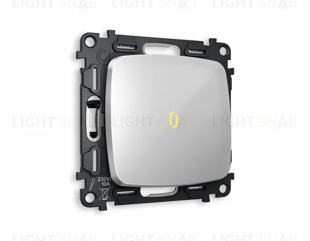 Выключатель одноклавишный с подсветкой (мягкий теплый свет) Ambrella Volt Omega 10A/250В серебро глянец VM101+G11Y+OP4020 VM101 + G11Y + OP4020