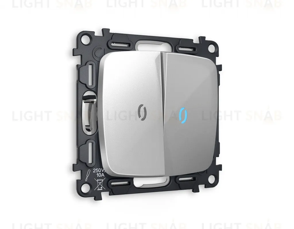 Выключатель двухклавишный проходной с подсветкой (голубой свет) Ambrella Volt Omega 10A/250В серебро глянец VM120+G29B+G29B+OP4040 VM120 + G29B + OP4040