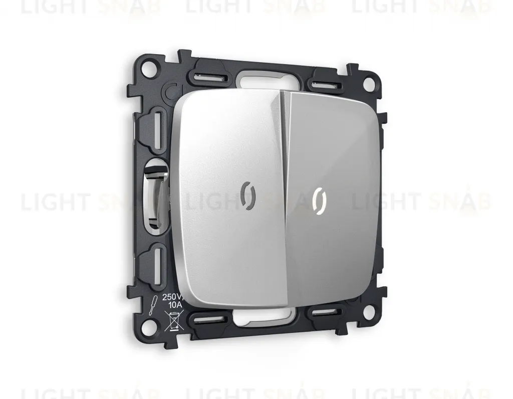 Выключатель двухклавишный проходной с подсветкой (нейтральный белый свет) Ambrella Volt Omega 10A/250В серебро глянец VM120+G25W+G25W+OP4040 VM120 + G25W + OP4040