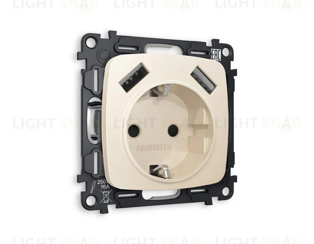 Розетка с заземлением и USB (A+A) Ambrella Volt Omega 16A/250В, винтовой зажим, бежевый матовый VM155+OP3290 VM155 + OP3290