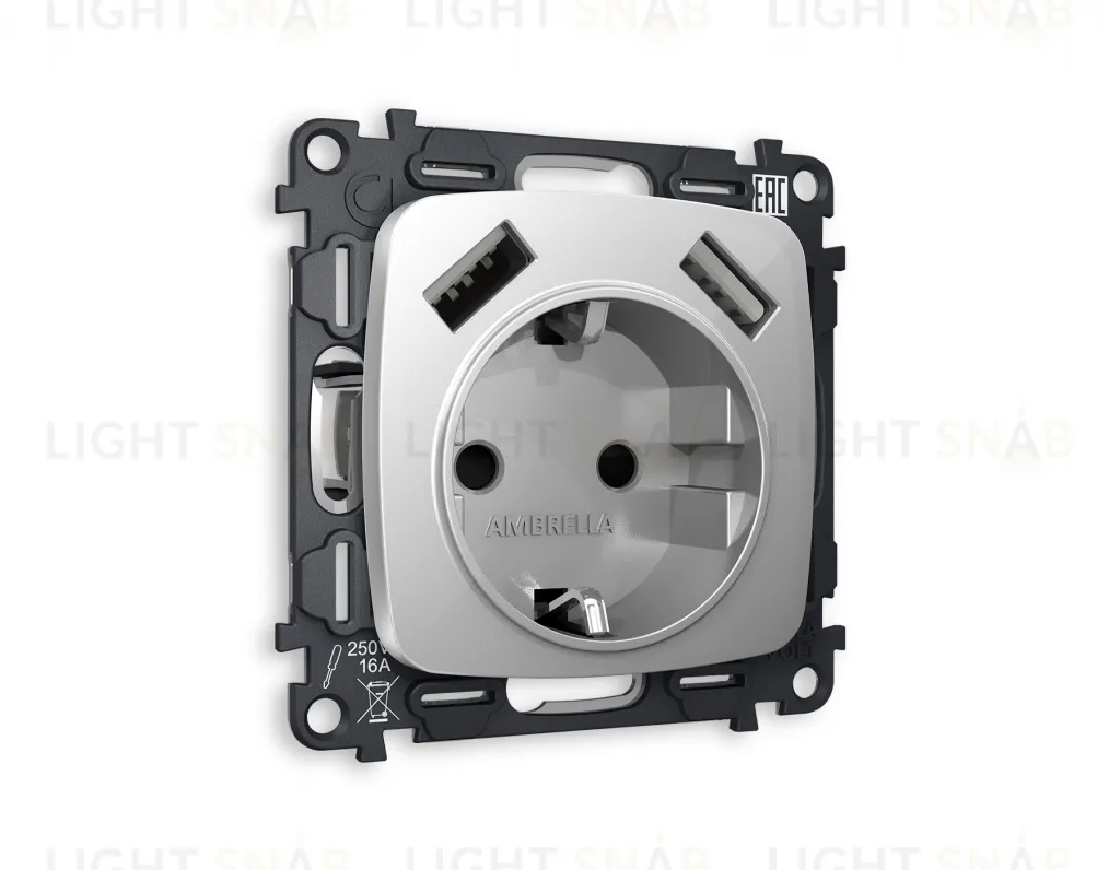 Розетка с заземлением и USB (A+A) Ambrella Volt Omega 16A/250В, винтовой зажим, серебро глянец VM155+OP4090 VM155 + OP4090