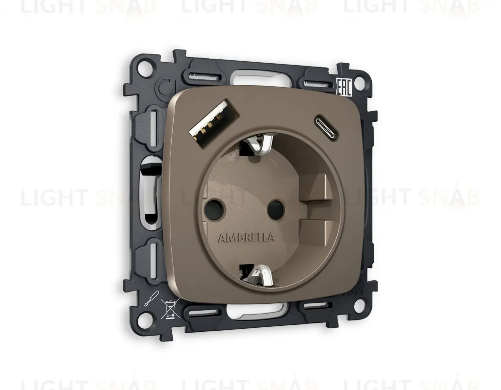 Розетка с заземлением и USB (A+C) Ambrella Volt Omega 16A/250В, винтовой зажим, темная бронза матовый VM160+OP6400 VM160 + OP6400