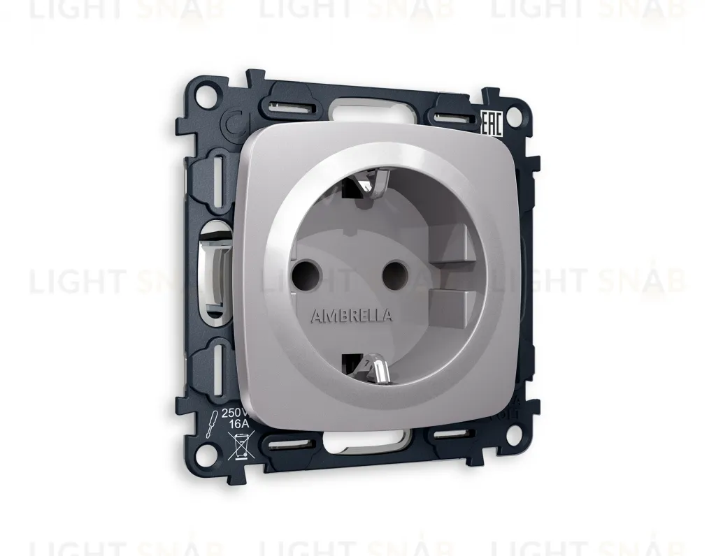 Розетка с заземлением с защитными шторками Ambrella Volt Omega 16A/250В, винтовой зажим, сталь матовый VM141+OP5070 VM141 + OP5070
