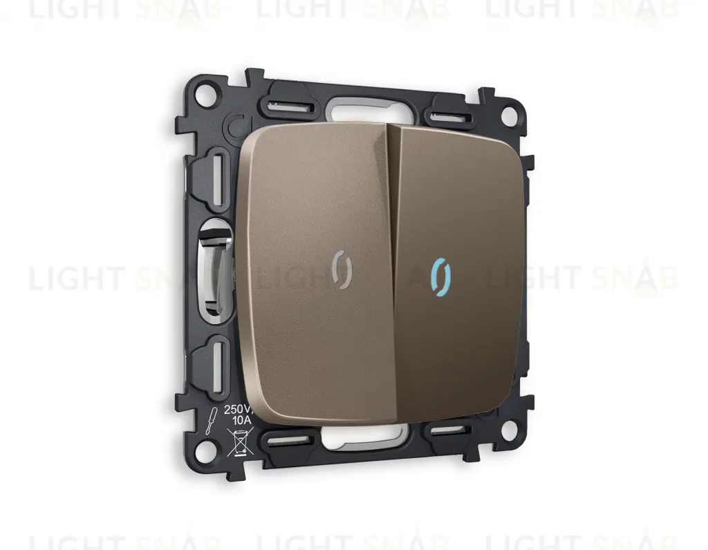 Выключатель двухклавишный с подсветкой (голубой свет) Ambrella Volt Omega 10A/250В темная бронза матовый VM115+G17B+G17B+OP6340 VM115 + G17B + OP6340