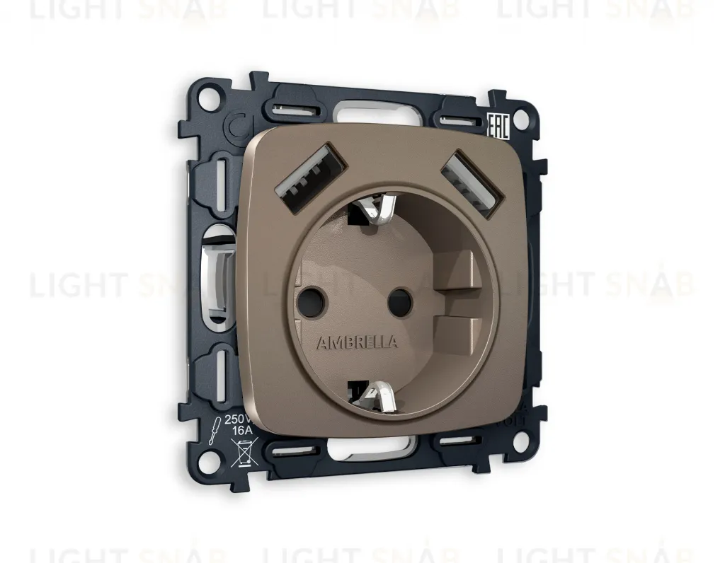 Розетка с заземлением и USB (A+A) Ambrella Volt Omega 16A/250В, винтовой зажим, темная бронза матовый VM155+OP6390 VM155 + OP6390