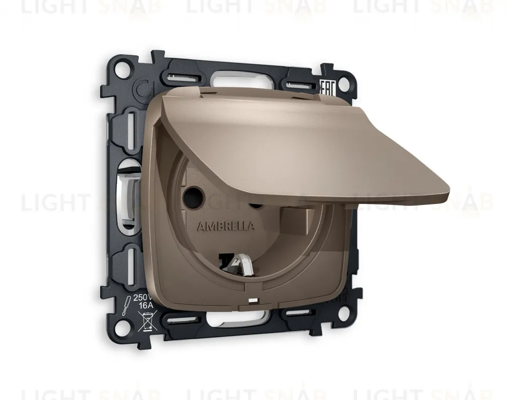 Розетка с заземлением с защитными шторками и крышкой Ambrella Volt Omega 16A/250В, винтовой зажим, темная бронза матовый VM141+OP6380 VM141 + OP6380