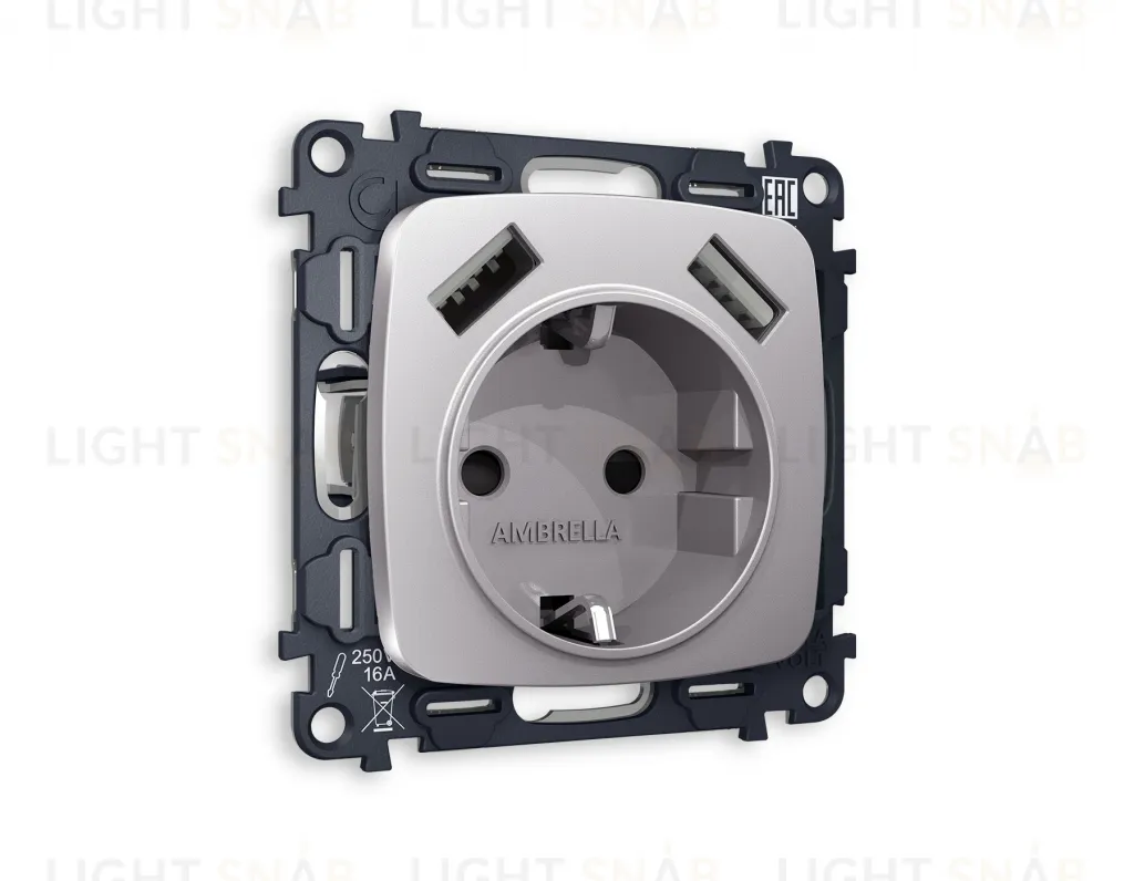 Розетка с заземлением и USB (A+A) Ambrella Volt Omega 16A/250В, винтовой зажим, сталь матовый VM155+OP5090 VM155 + OP5090