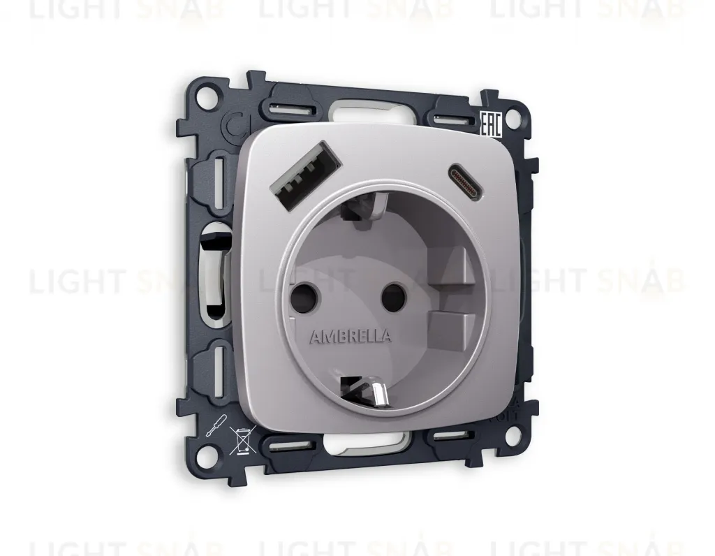 Розетка с заземлением и USB (A+C) Ambrella Volt Omega 16A/250В, винтовой зажим, сталь матовый VM160+OP5100 VM160 + OP5100
