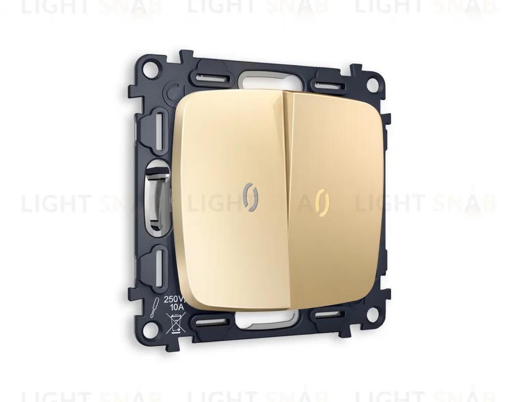 Выключатель двухклавишный проходной с подсветкой (мягкий теплый свет) Ambrella Volt Omega 10A/250В шампань VM120+G22Y+G22Y+OP6040 VM120 + G22Y + OP6040