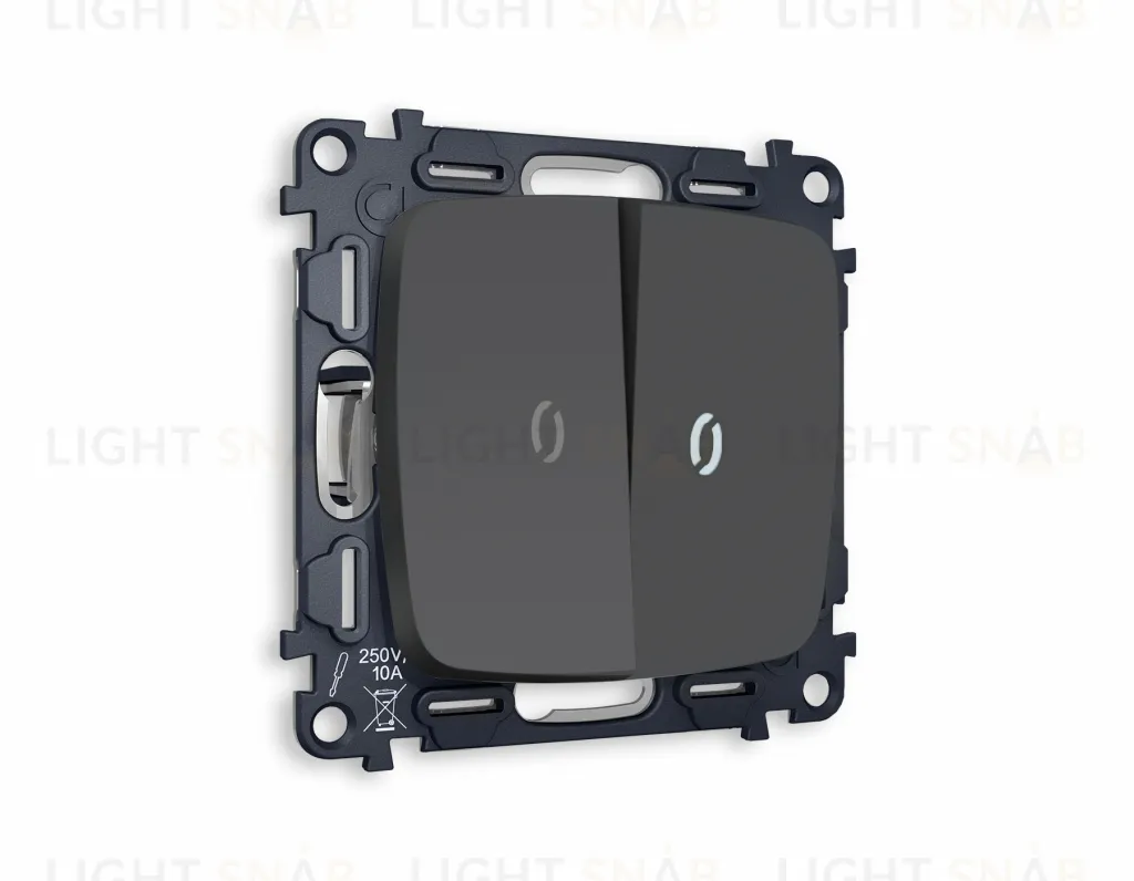 Выключатель двухклавишный с подсветкой (нейтральный белый свет) Ambrella Volt Omega 10A/250В графит VM115+G14W+G14W+OP9040 VM115 + G14W + OP9040
