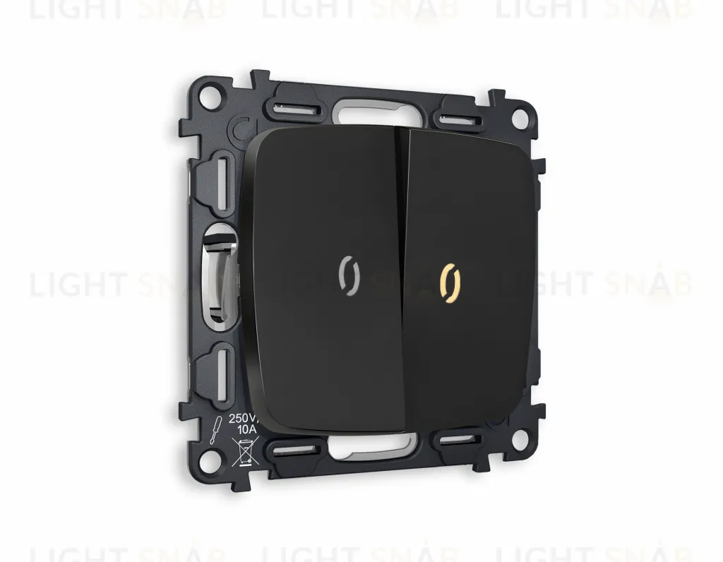 Выключатель двухклавишный проходной с подсветкой (мягкий теплый свет) Ambrella Volt Omega 10A/250В черный матовый VM120+G22Y+G22Y+OP8040 VM120 + G22Y + OP8040