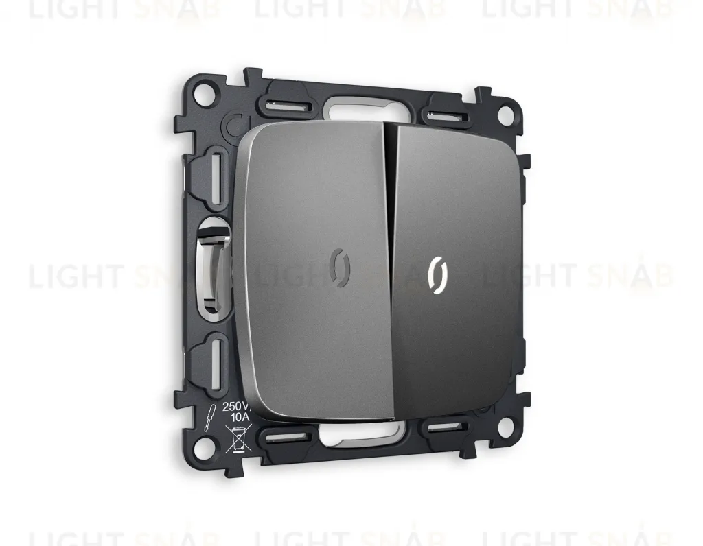 Выключатель двухклавишный с подсветкой (нейтральный белый свет) Ambrella Volt Omega 10A/250В антрацит серый VM115+G14W+G14W+OP6540 VM115 + G14W + OP6540