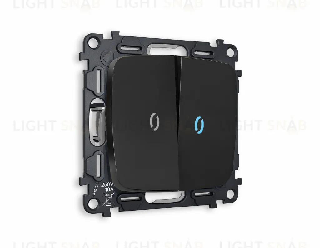 Выключатель двухклавишный с подсветкой (голубой свет) Ambrella Volt Omega 10A/250В черный матовый VM115+G17B+G17B+OP8040 VM115 + G17B + OP8040