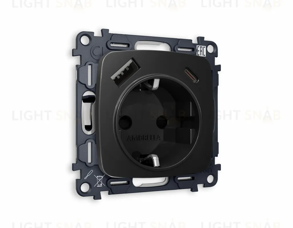 Розетка с заземлением и USB (A+C) Ambrella Volt Omega 16A/250В, винтовой зажим, черный матовый VM160+OP8100 VM160 + OP8100