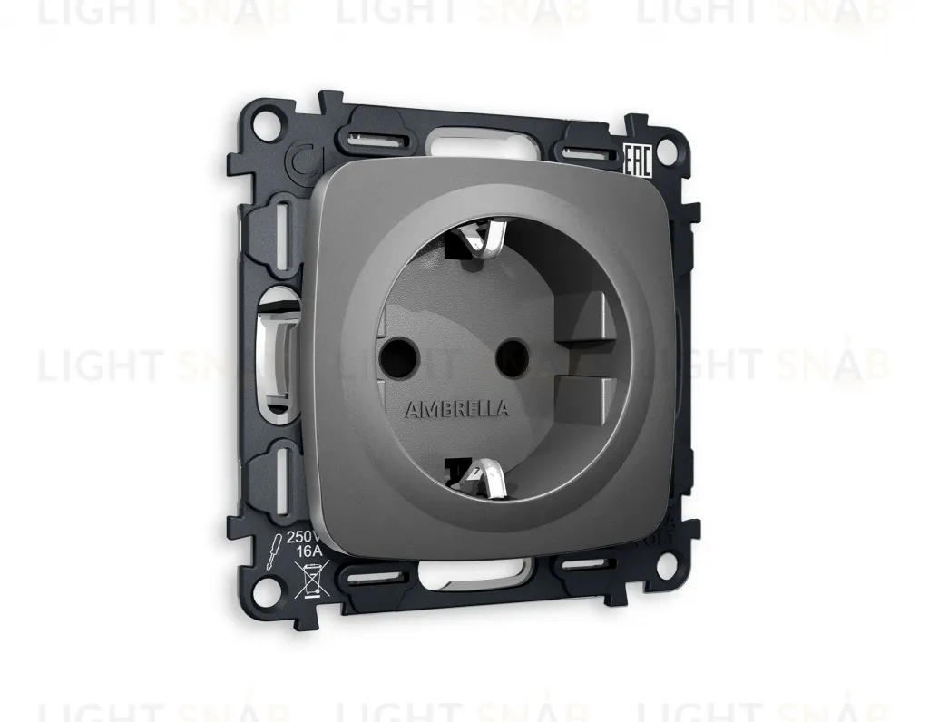 Розетка с заземлением с защитными шторками Ambrella Volt Omega 16A/250В, винтовой зажим, антрацит серый VM141+OP6570 VM141 + OP6570