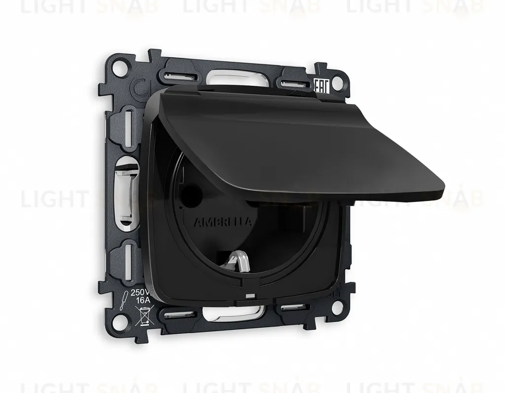 Розетка с заземлением с защитными шторками и крышкой Ambrella Volt Omega 16A/250В, винтовой зажим, черный матовый VM141+OP8080 VM141 + OP8080