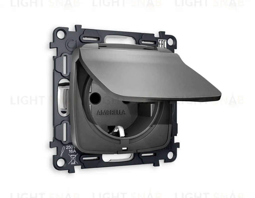 Розетка с заземлением с защитными шторками и крышкой Ambrella Volt Omega 16A/250В, винтовой зажим, антрацит серый VM141+OP6580 VM141 + OP6580