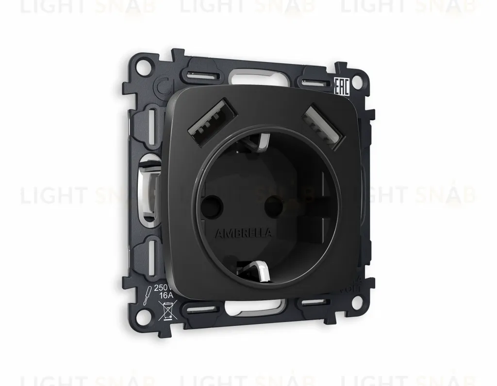 Розетка с заземлением и USB (A+A) Ambrella Volt Omega 16A/250В, винтовой зажим, черный матовый VM155+OP8090 VM155 + OP8090