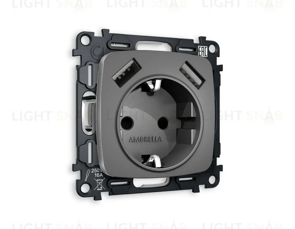 Розетка с заземлением и USB (A+A) Ambrella Volt Omega 16A/250В, винтовой зажим, антрацит серый VM155+OP6590 VM155 + OP6590