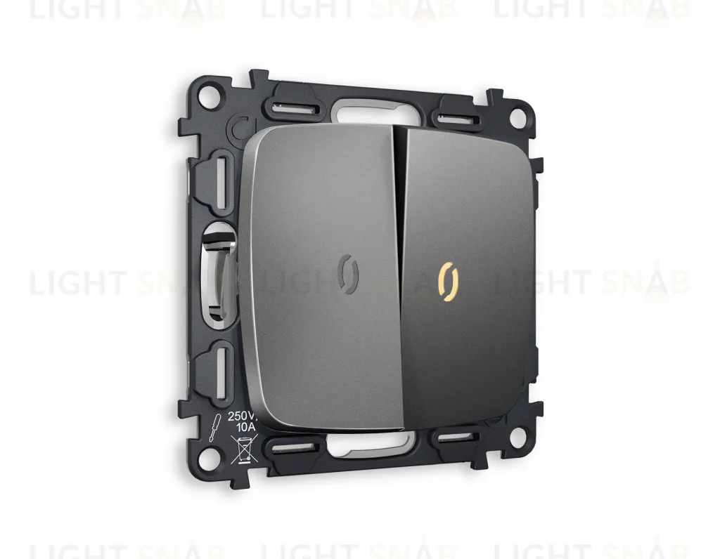 Выключатель двухклавишный проходной с подсветкой (мягкий теплый свет) Ambrella Volt Omega 10A/250В антрацит серый VM120+G22Y+G22Y+OP6540 VM120 + G22Y + OP6540