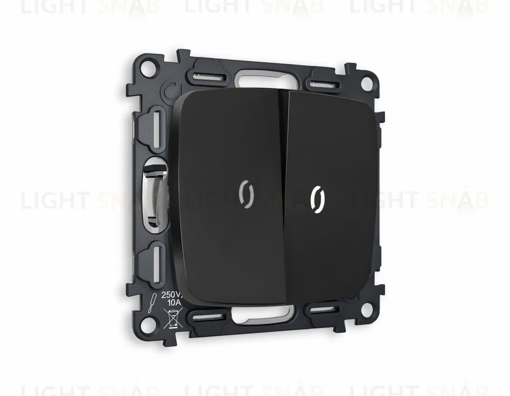 Выключатель двухклавишный проходной с подсветкой (нейтральный белый свет) Ambrella Volt Omega 10A/250В черный матовый VM120+G25W+G25W+OP8040 VM120 + G25W + OP8040
