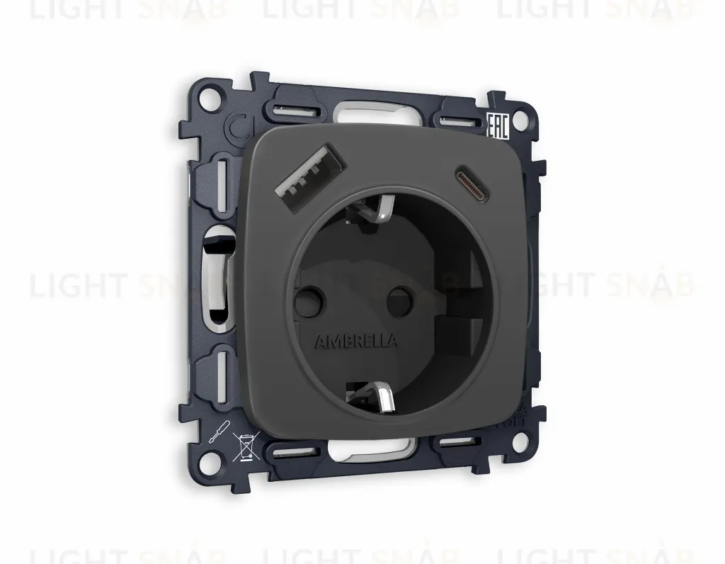 Розетка с заземлением и USB (A+C) Ambrella Volt Omega 16A/250В, винтовой зажим, графит VM160+OP9100 VM160 + OP9100