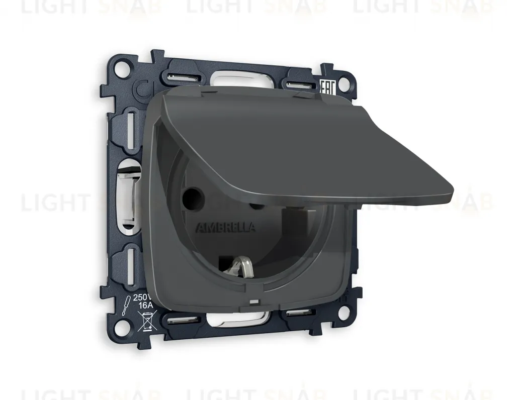 Розетка с заземлением с защитными шторками и крышкой Ambrella Volt Omega 16A/250В, винтовой зажим, графит VM141+OP9080 VM141 + OP9080