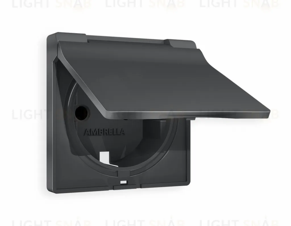 Лицевая панель ALFA (Графит Мягкое касание) для электрической розетки с заземлением со шторками и защитной крышкой IP44 QUANT AP9080 AP9080