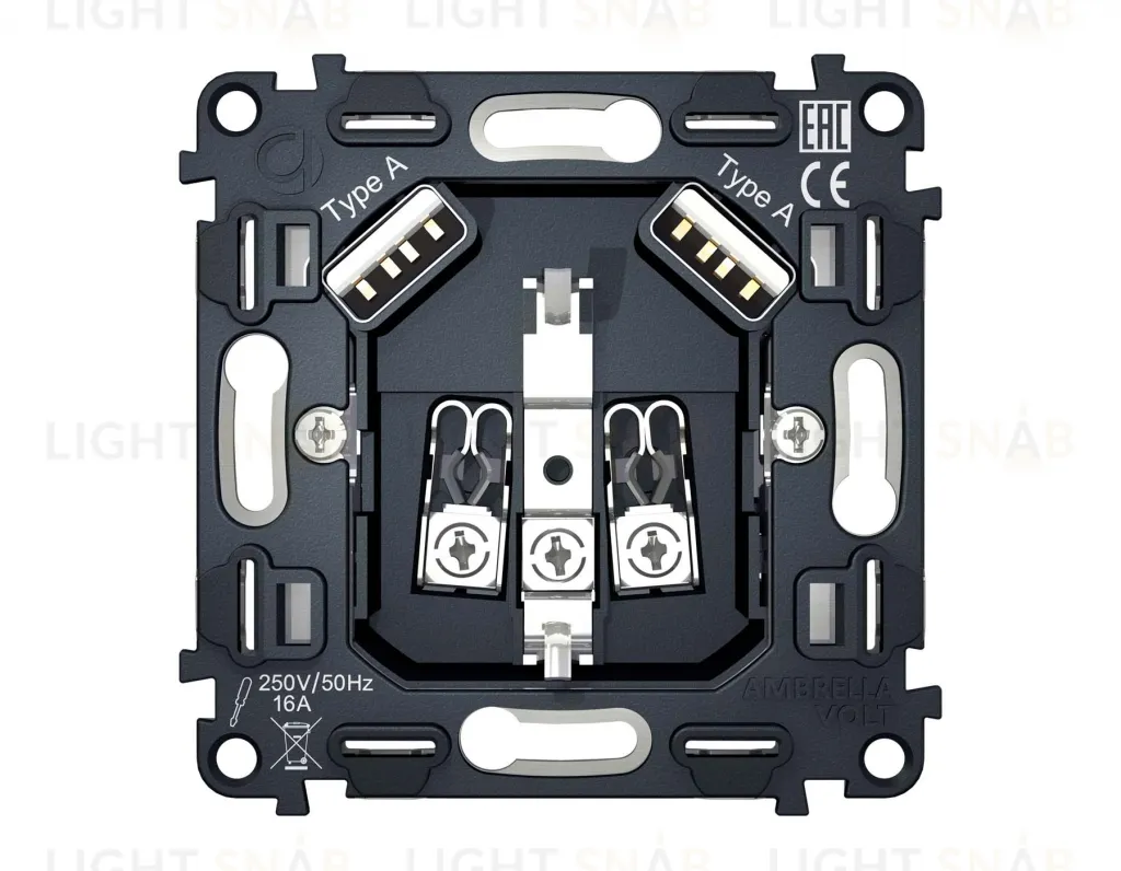 Механизм электрической розетки 2USB A+A 18W (быстрая зарядка) с заземлением на винтовых зажимах 16A-250V QUANT VM155 VM155