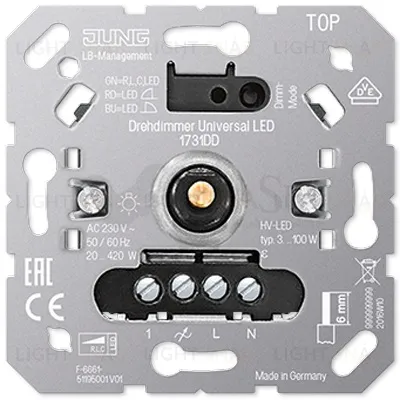JUNG Роторный диммер универсальный LED 3-210 вт, 20-420Вт ламп накал. и галог., 1731DD 1731DD