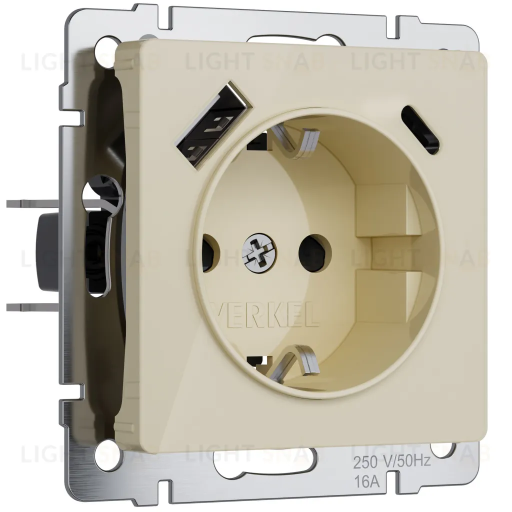 Розетка с заземлением, шторками и USB Type A+С 16A/3А/250В, винтовой зажим Werkel, айвори акрил a064131 a064131