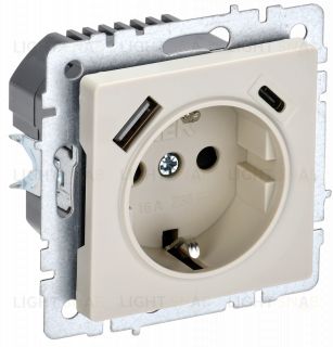 Розетка с заземлением с защитными шторками 16А с USB A+C 18Вт IEK Brite бежевый BR-R14-16-U22-018-K10 BR-R14-16-U22-018-K10