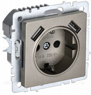 Розетка с заземлением с защитными шторками 16А с USB A+A 5В 3,1А IEK Brite шампань BR-R14-16-U21-D31-K37 BR-R14-16-U21-D31-K37