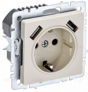 Розетка с заземлением с защитными шторками 16А с USB A+A 5В 2,1А IEK Brite бежевый BR-R14-16-U21-D21-K10 BR-R14-16-U21-D21-K10