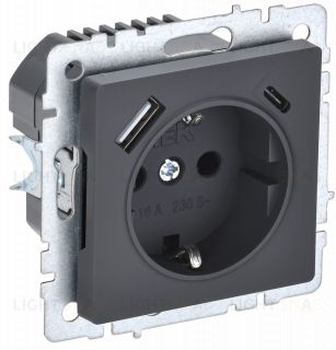 Розетка с заземлением с защитными шторками 16А с USB A+C 18Вт IEK Brite графит BR-R14-16-U22-018-K53 BR-R14-16-U22-018-K53