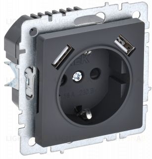 Розетка с заземлением с защитными шторками 16А с USB A+A 5В 3,1А IEK Brite графит BR-R14-16-U21-D31-K53 BR-R14-16-U21-D31-K53