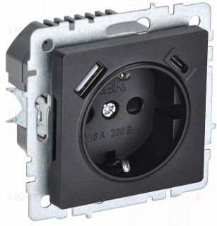 Розетка с заземлением с защитными шторками 16А с USB A+C 18Вт IEK Brite черный BR-R14-16-U22-018-K02 BR-R14-16-U22-018-K02