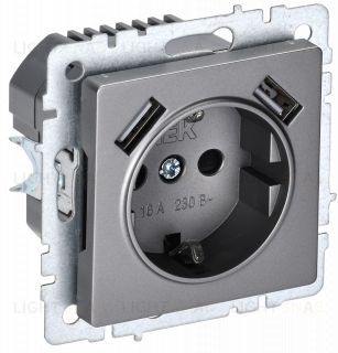 Розетка с заземлением с защитными шторками 16А с USB A+A 5В 2,1А IEK Brite сталь BR-R14-16-U21-D21-K46 BR-R14-16-U21-D21-K46