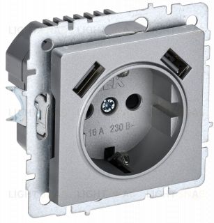 Розетка с заземлением с защитными шторками 16А с USB A+A 5В 3,1А IEK Brite алюминий BR-R14-16-U21-D31-K47 BR-R14-16-U21-D31-K47