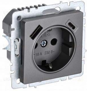 Розетка с заземлением с защитными шторками 16А с USB A+C 18Вт IEK Brite сталь BR-R14-16-U22-018-K46 BR-R14-16-U22-018-K46
