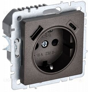 Розетка с заземлением с защитными шторками 16А с USB A+C 18Вт IEK Brite темная бронза BR-R14-16-U22-018-K45 BR-R14-16-U22-018-K45