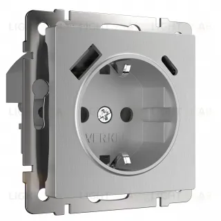 Розетка с заземлением, шторками и USB Type A+С, 16A/3А/250В, винтовой зажим Werkel, серебряный рифленый a056277 a056277