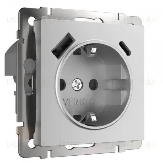 Розетка с заземлением, шторками и USB Type A+С, 16A/3А/250В, винтовой зажим Werkel, серебряный матовый a063618 a063618