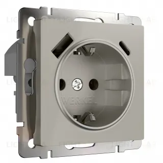 Розетка с заземлением, шторками и USB Type A+С 16A/3А/250В, винтовой зажим Werkel, дымчатый a069465 a069465