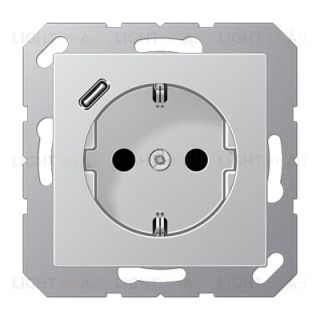 Розетка с заземлением + USB тип C, Jung 16А/250В алюминий A1520-18CAL A1520-18CAL