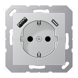 Розетка с заземлением + USB тип A+C, Jung 16А/250В алюминий A1520-15CAAL A1520-15CAAL