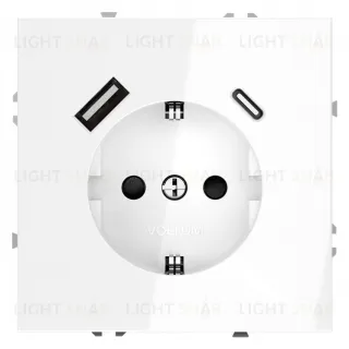 Розетка с заземлением, шторками и 2USB A+С, (5, 9, 12В/3А) Voltum S70 16А, белый глянцевый VLS040501 VLS040501