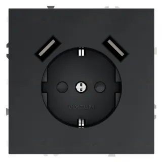 Розетка с заземлением, шторками и 2 USB A+A, 5В/3А, Voltum S70 16А, графит VLS040407 VLS040407